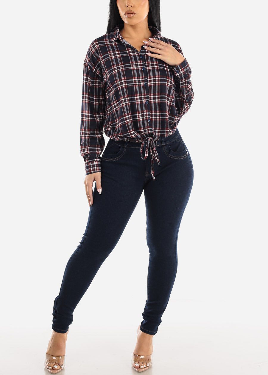 Plaid Drawstring Waist Button Up Shirt Navy sold by Moda product image thumbnail 2