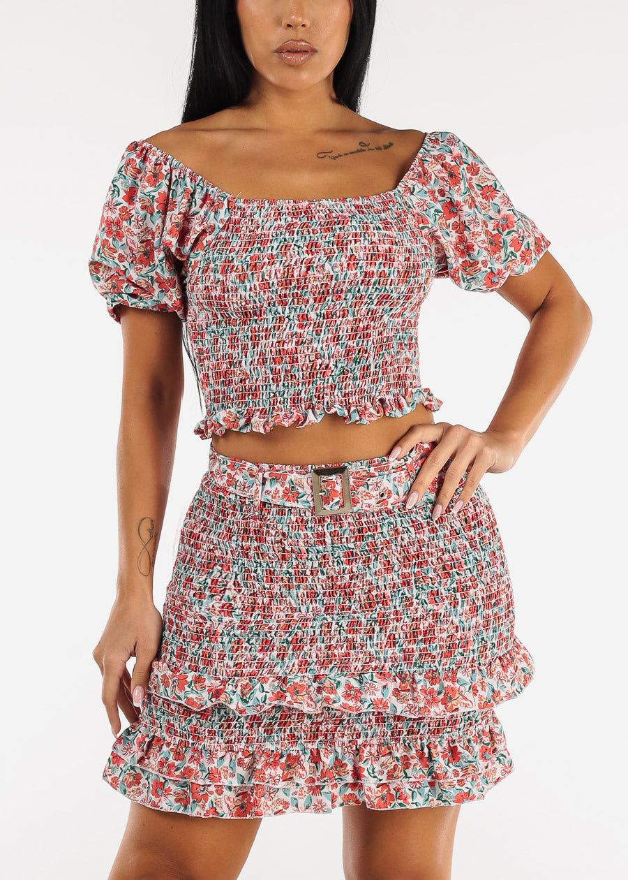 Floral Off Shoulder Crop Top & Mini Skirt White (2 PCE SET) sold by Moda product image thumbnail 4