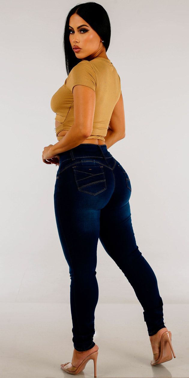 Levantacola Mid Rise Dark Wash Skinny Jeans with Short Sleeve Waist Tie Khaki Crop Top sold by Moda product image thumbnail 2