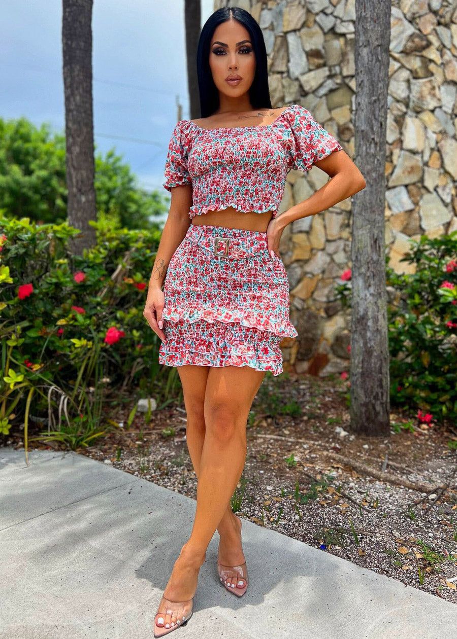 Floral Off Shoulder Crop Top & Mini Skirt White (2 PCE SET) sold by Moda product image thumbnail 2