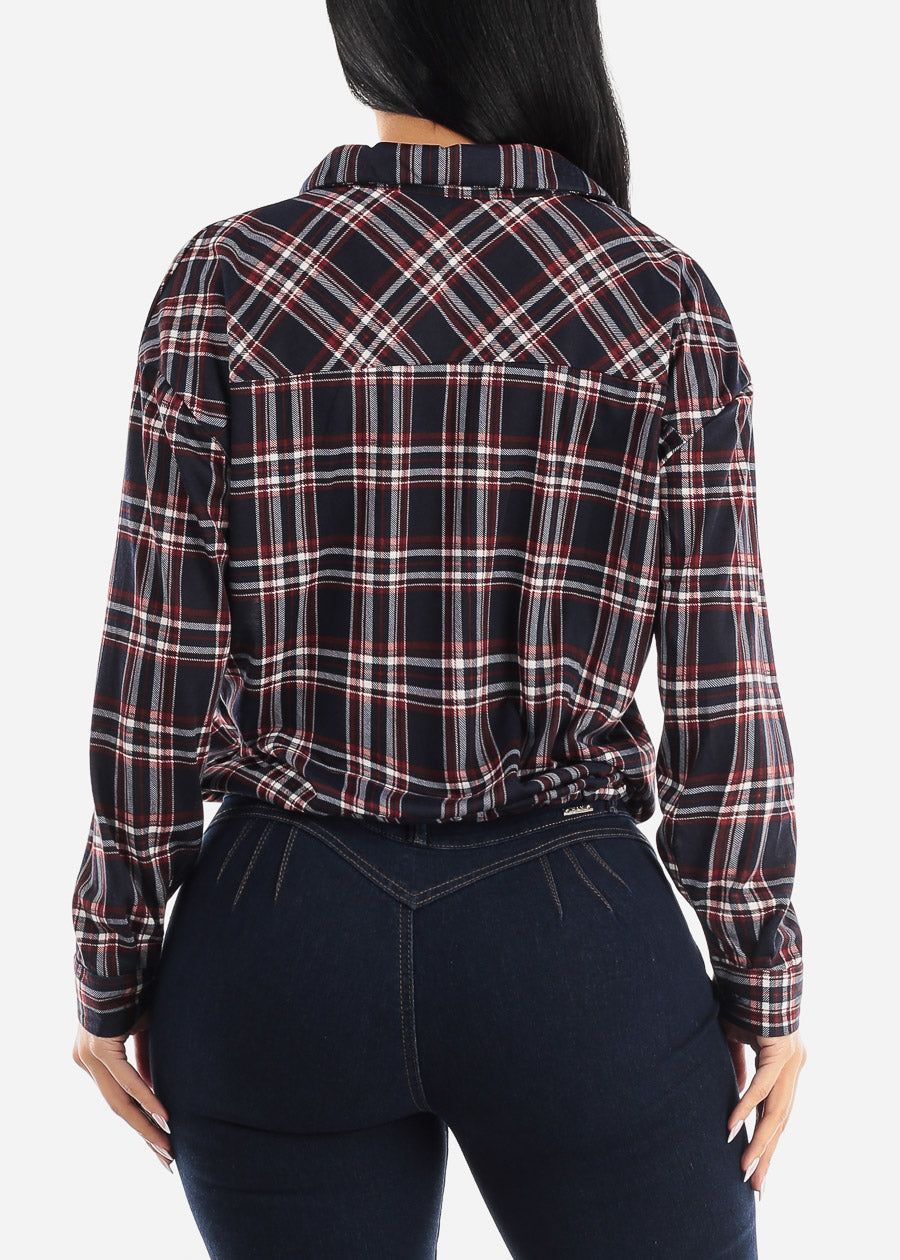 Plaid Drawstring Waist Button Up Shirt Navy sold by Moda product image thumbnail 4