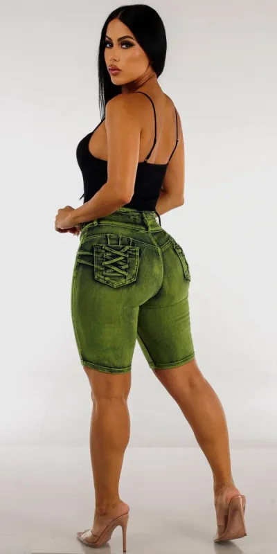 Lace Up Design Butt Lifting Green Bermuda Shorts with Black Seamless Thong Bodysuit sold by Moda
