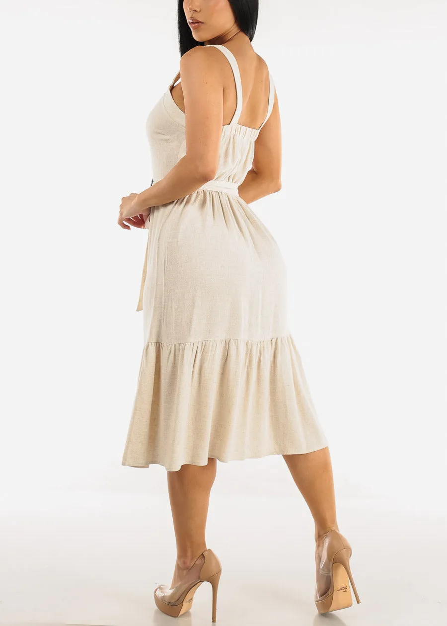 Sleeveless Linen Midi Dress Beige w Belt sold by Moda product image thumbnail 4