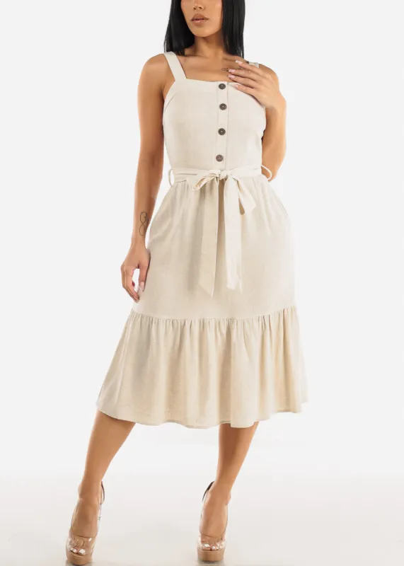 Sleeveless Linen Midi Dress Beige w Belt sold by Moda