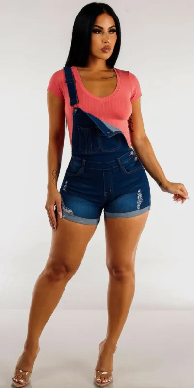 Ripped Dark Blue Cuffed Denim Short Overalls with Short Sleeve Pink Vneck Crop Top sold by Moda