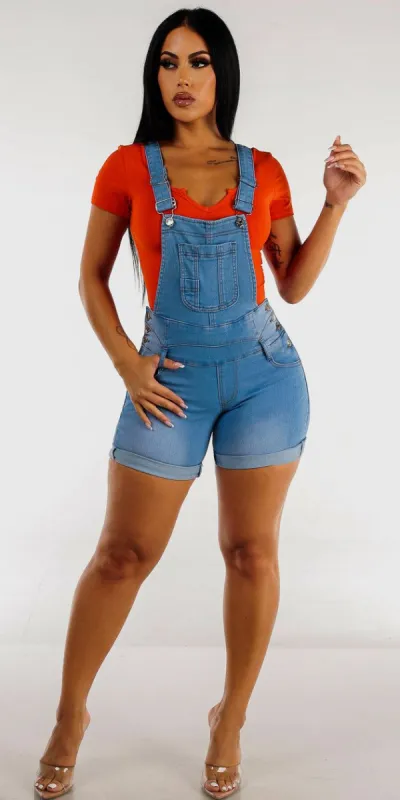 Light Blue Butt Lifting Denim Short Overalls with Orange Short Sleeve Ribbed Bodysuit sold by Moda