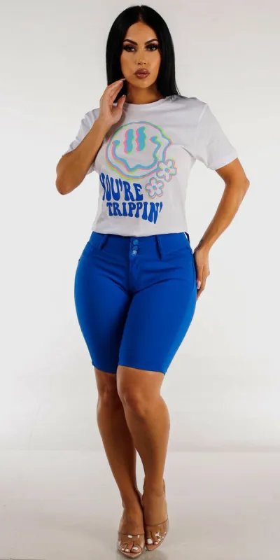 Blue Hyper Stretch Butt Lifting Bermuda Shorts with Short Sleeve White Graphic Tee sold by Moda