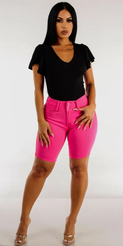Pink Hyper Stretch Levantacola Bermuda Shorts with Black Vneck Short Sleeve Top sold by Moda