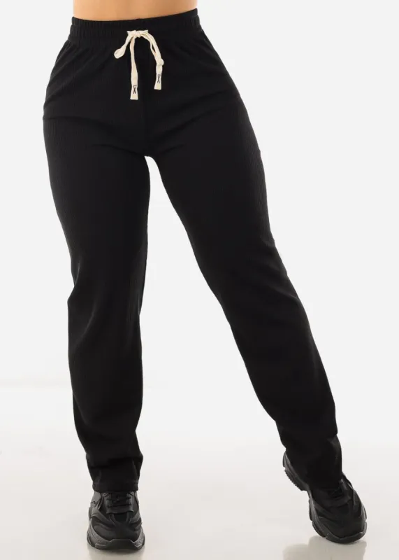 Black High Drawstring Waist Rib Knit Straight Leg Pants sold by Moda