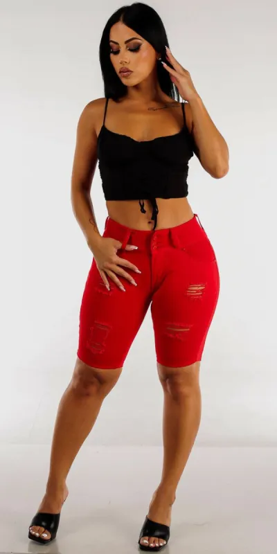 Red Mid Rise Butt Lifting Bermuda Shorts with Sleeveless Lace Up Black Cami Crop Top sold by Moda