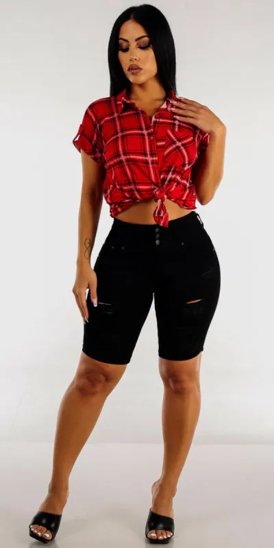 Ripped Butt Lifting Black Bermuda Shorts with Tie Front Red Button Up Plaid Shirt sold by Moda