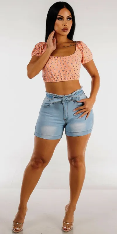 High Rise Belted Denim Shorts with Short Sleeve Lace Up Back Floral Crop Top sold by Moda