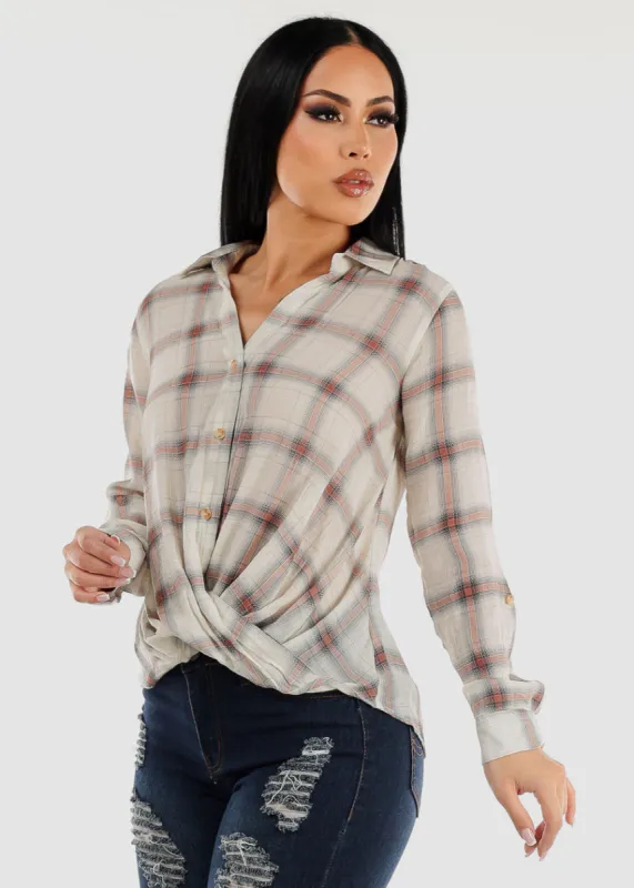 Button Up Twisted Front Roll Up Sleeve Shirt Ivory sold by Moda