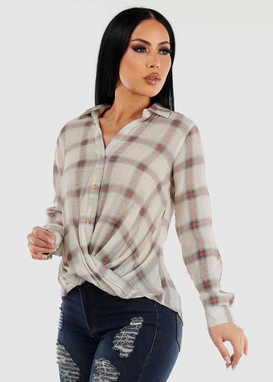 Button Up Twisted Front Roll Up Sleeve Shirt Ivory sold by Moda