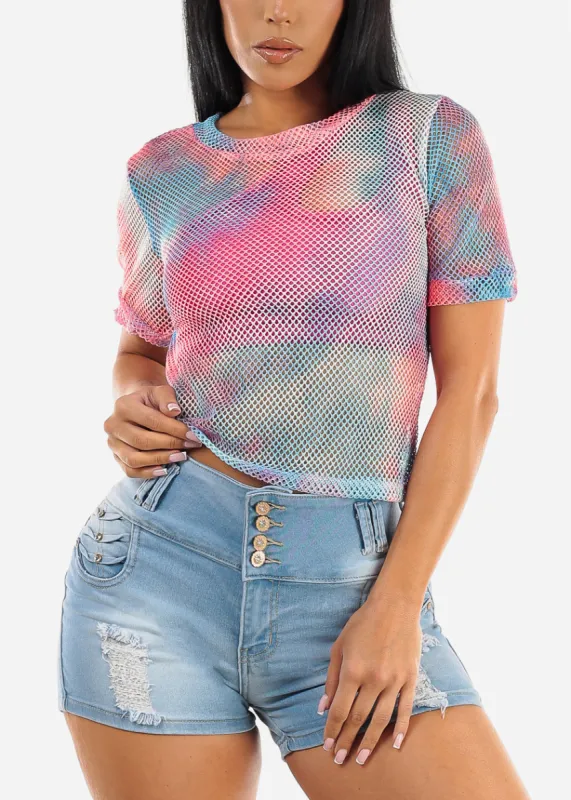Short Sleeve Tie Dye Fishnet Top Pink & Blue made by Moda