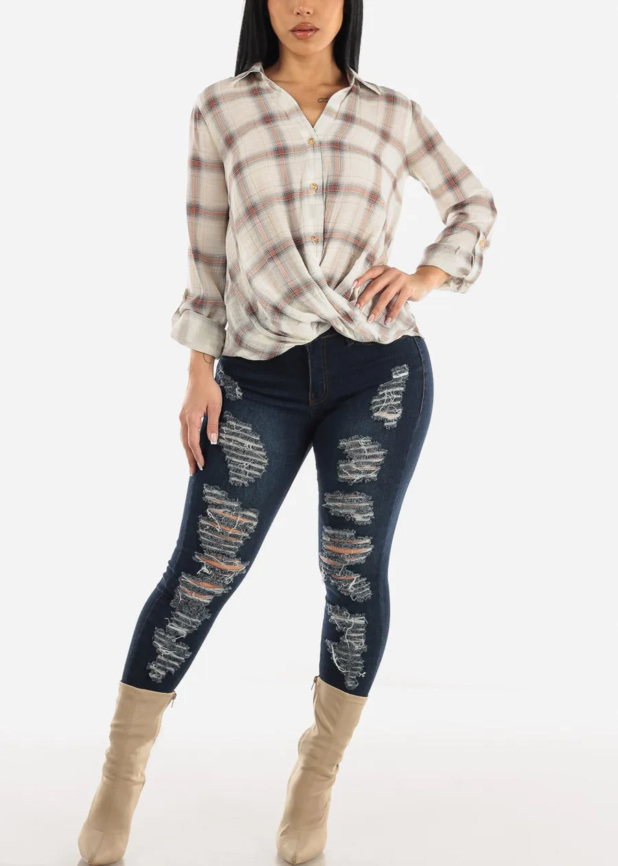 Button Up Twisted Front Roll Up Sleeve Shirt Ivory sold by Moda product image thumbnail 2