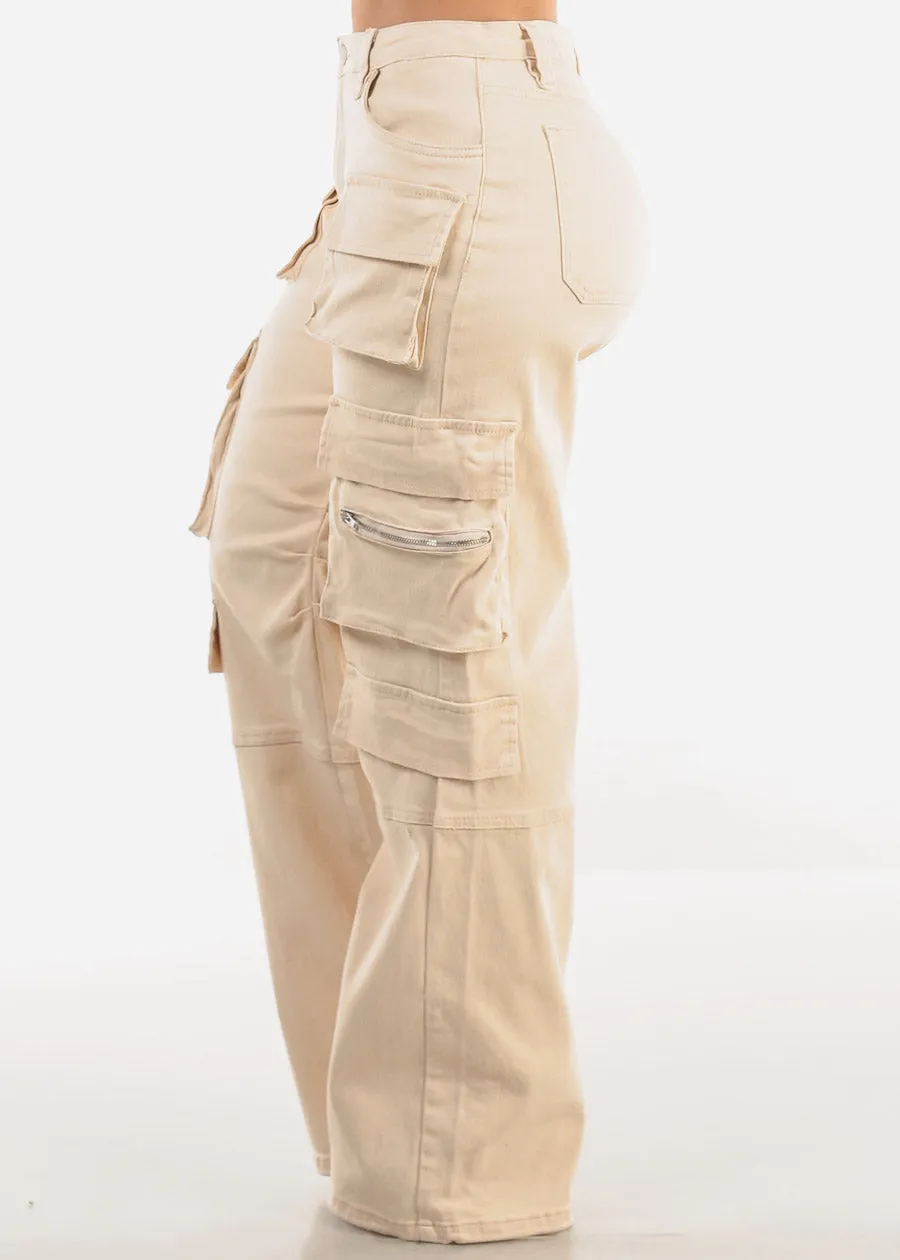 High Waist Straight Wide Leg Cargo Jeans Cream sold by Moda product image thumbnail 3