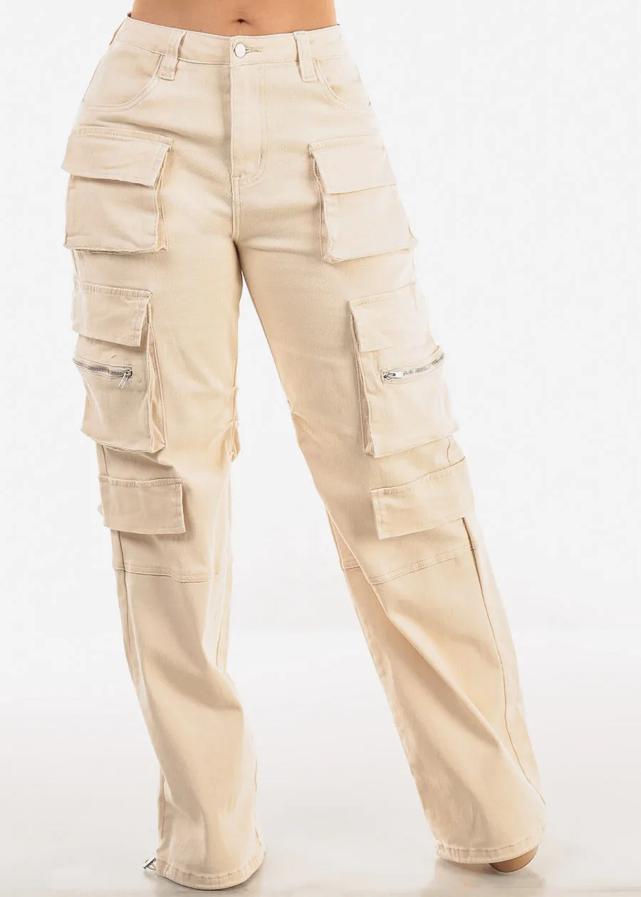 High Waist Straight Wide Leg Cargo Jeans Cream sold by Moda