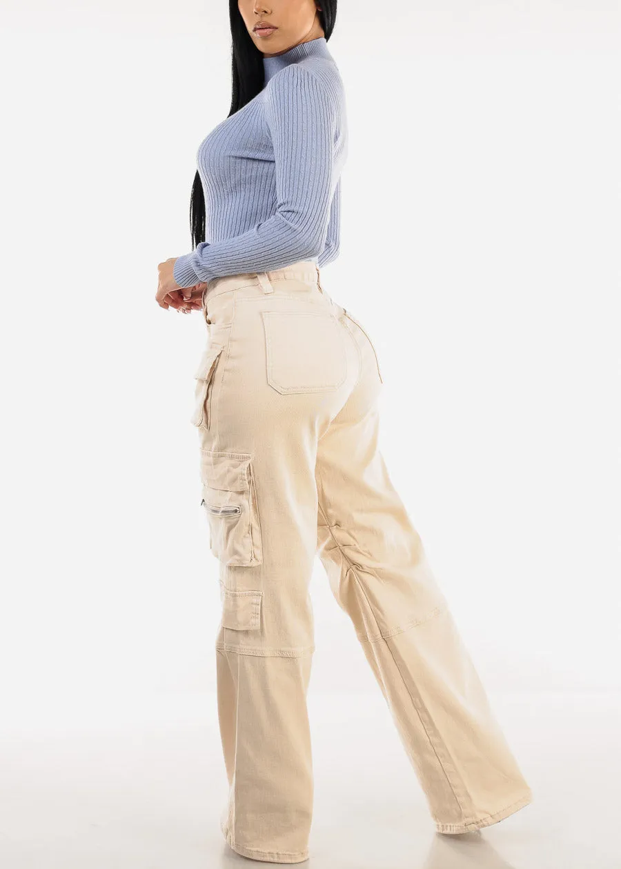 High Waist Straight Wide Leg Cargo Jeans Cream sold by Moda product image thumbnail 5