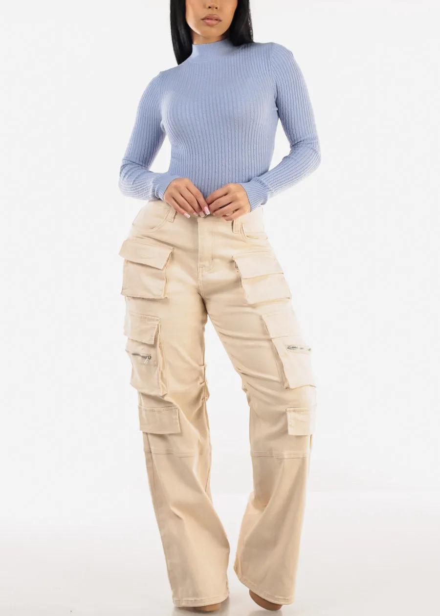 High Waist Straight Wide Leg Cargo Jeans Cream sold by Moda product image thumbnail 2