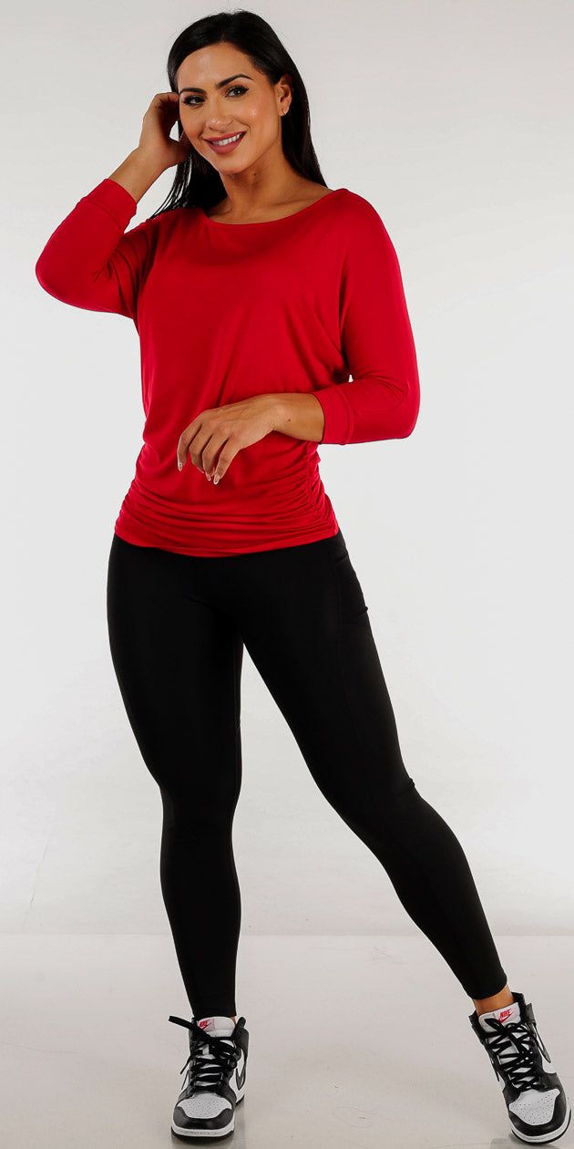 High Waisted Black Activewear Leggings with Red Dolman Sleeves Tunic Top sold by Moda
