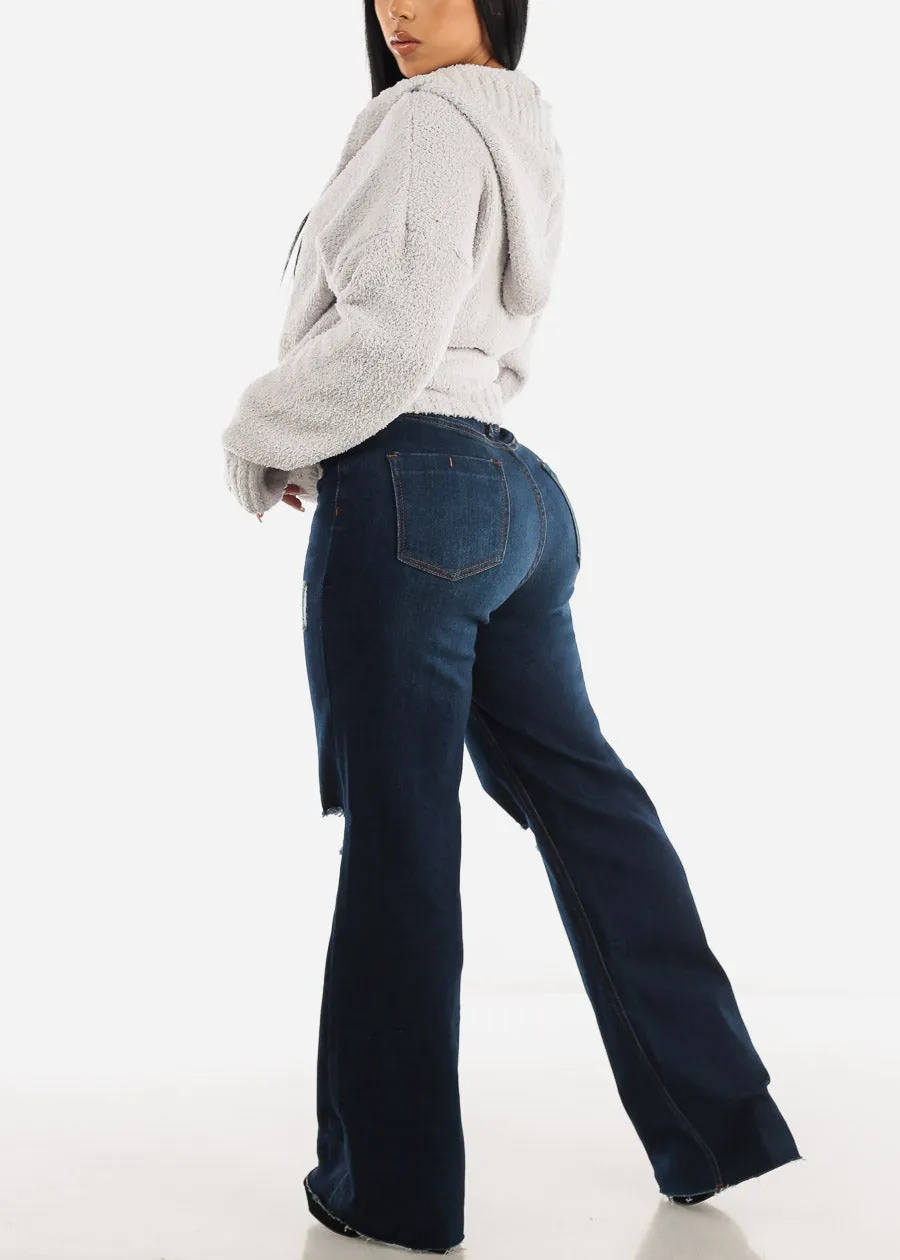 Distressed Wide Leg Straight Stretch Jeans Dark Wash sold by Moda product image thumbnail 5