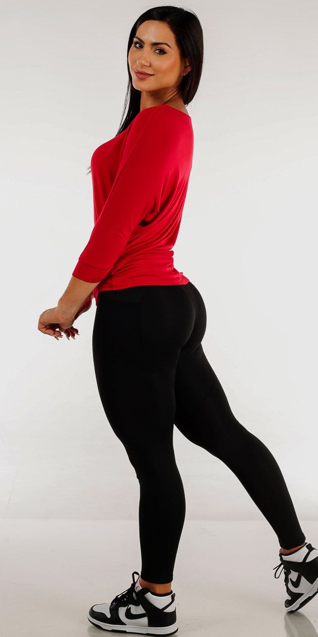 High Waisted Black Activewear Leggings with Red Dolman Sleeves Tunic Top sold by Moda product image thumbnail 2
