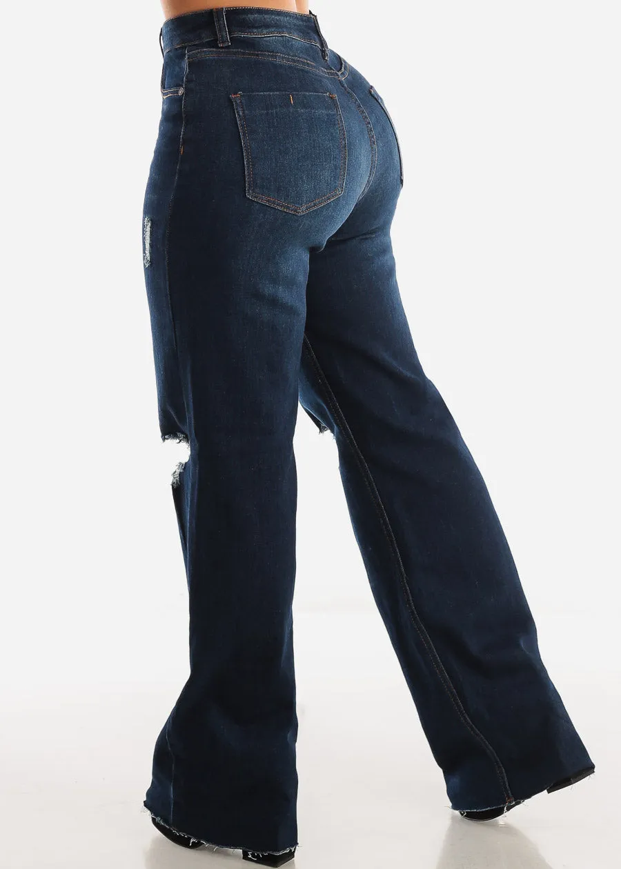 Distressed Wide Leg Straight Stretch Jeans Dark Wash sold by Moda product image thumbnail 4
