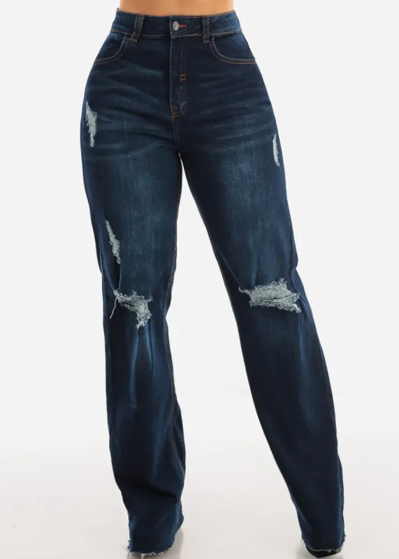 Distressed Wide Leg Straight Stretch Jeans Dark Wash sold by Moda