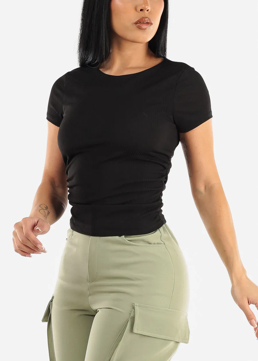 Short Sleeve Black Crewneck Ruched Top sold by Moda