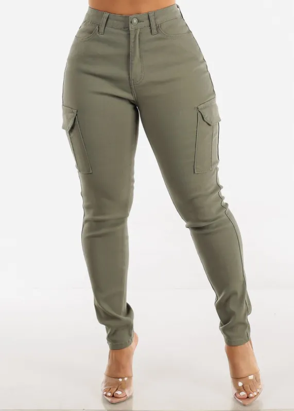 Olive Hyper Stretch Cargo Skinny Pants sold by Moda