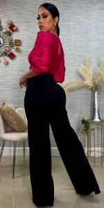 Black Wide Legged Dressy Pants with Surplice Fuchsia Satin Bodysuit sold by Moda