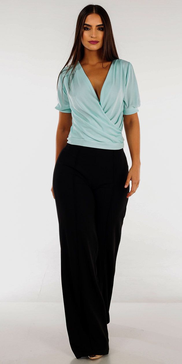 Black High Waist Wide Legged Pants with Mint Short Sleeve Surplice Top sold by Moda