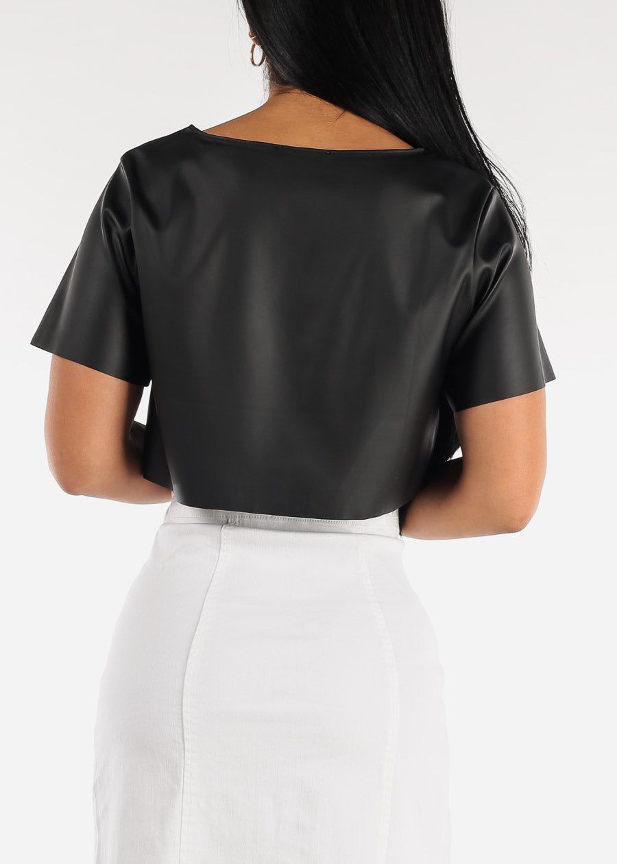 Black Faux Leather Short Sleeve Crop Top sold by Moda product image thumbnail 4