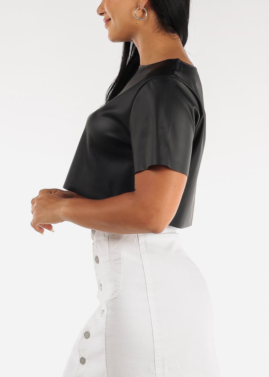 Black Faux Leather Short Sleeve Crop Top sold by Moda product image thumbnail 3