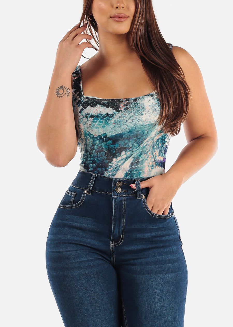 Sleeveless Mesh Bodysuit Blue Print sold by Moda product image thumbnail 4