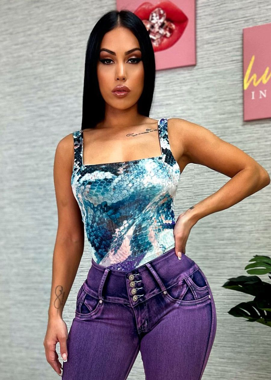 Sleeveless Mesh Bodysuit Blue Print sold by Moda