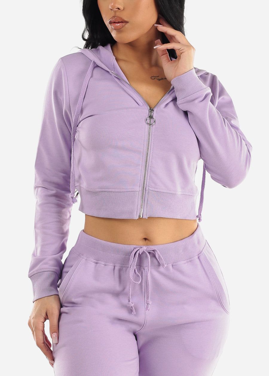 Long Sleeve Zip Up Cropped Hoodie Lilac sold by Moda