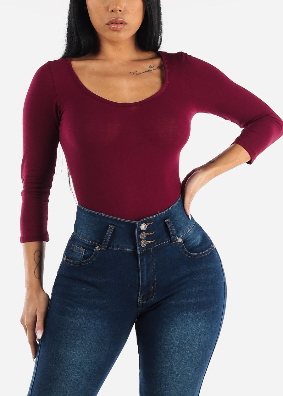 Scoop Neck Burgundy Thong Bodysuit sold by Moda