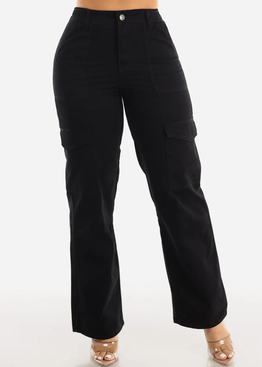 Black Wide Leg Cotton Twill Cargo Pants sold by Moda