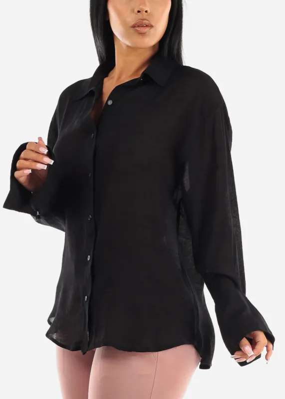 Black Long Sleeve Lightweight Button Up Shirt sold by Moda