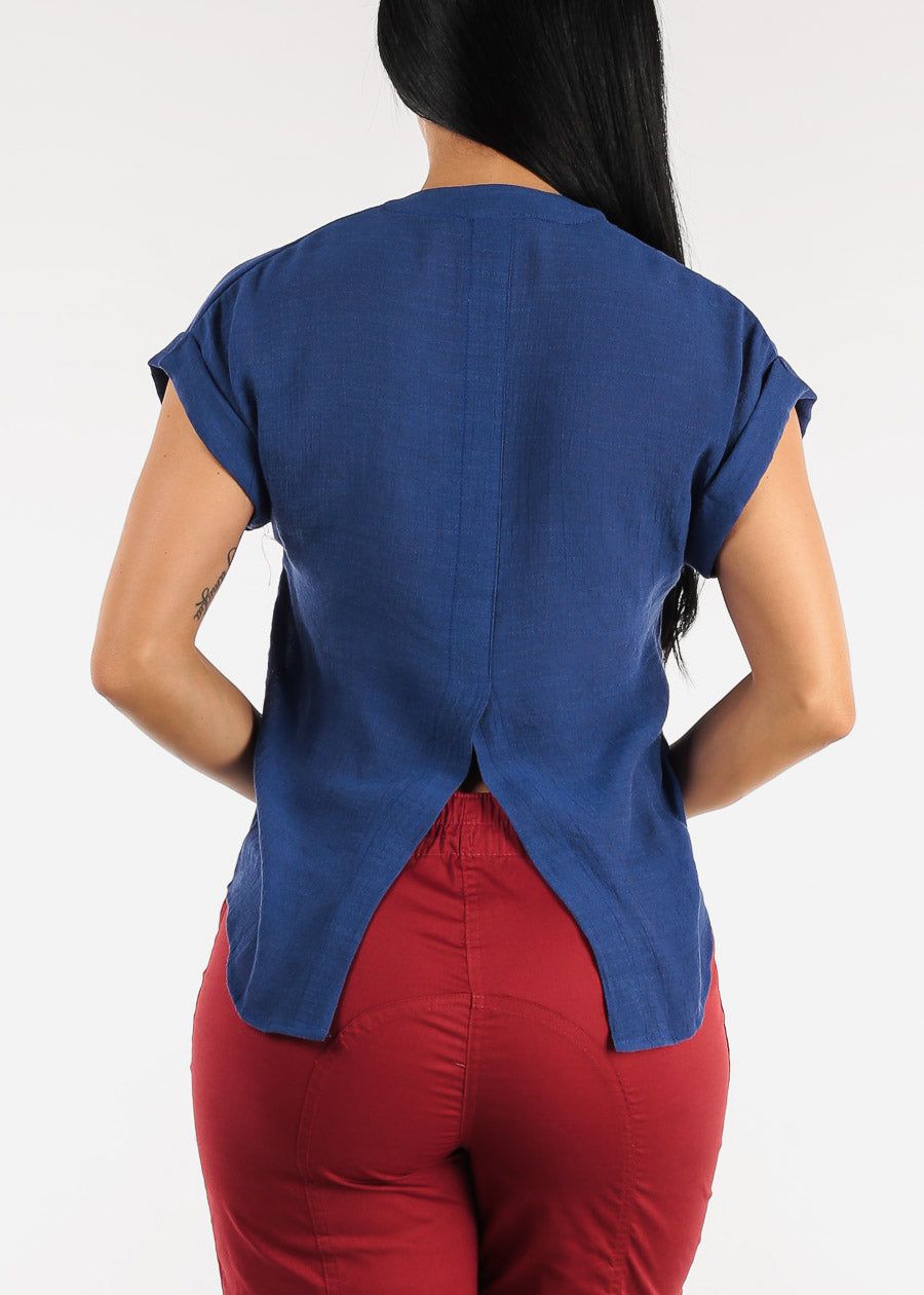 Cuffed Short Sleeve Button Up Shirt Royal Blue w Back Slit sold by Moda product image thumbnail 4