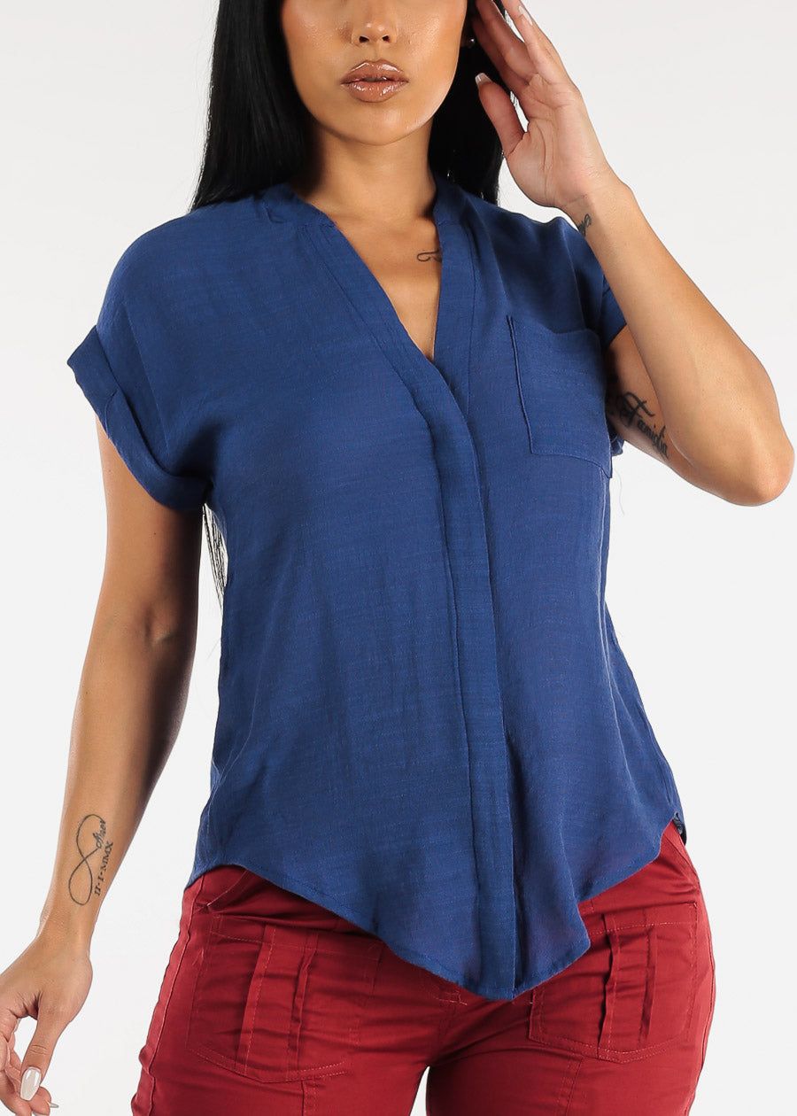 Cuffed Short Sleeve Button Up Shirt Royal Blue w Back Slit sold by Moda