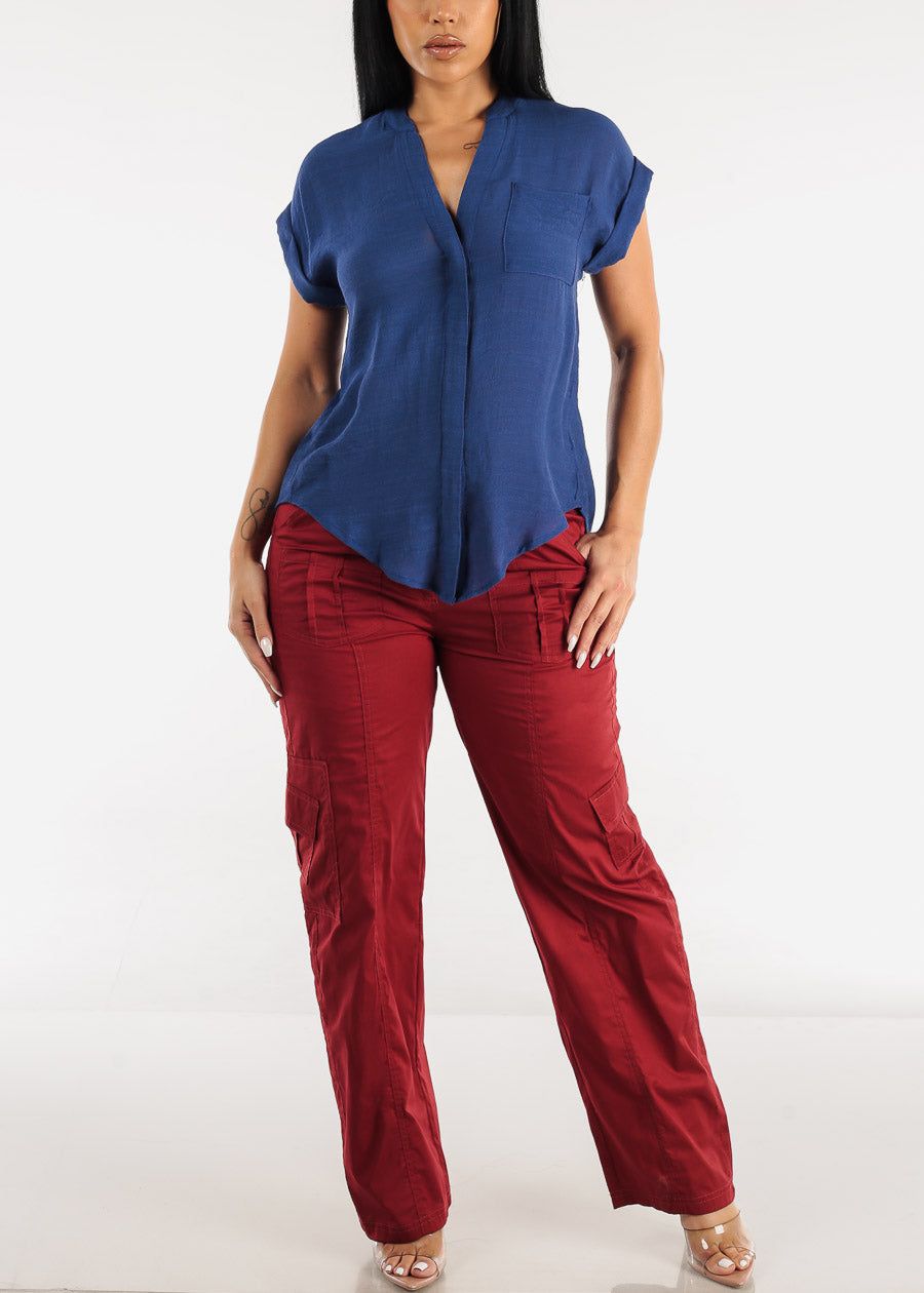 Cuffed Short Sleeve Button Up Shirt Royal Blue w Back Slit sold by Moda product image thumbnail 2