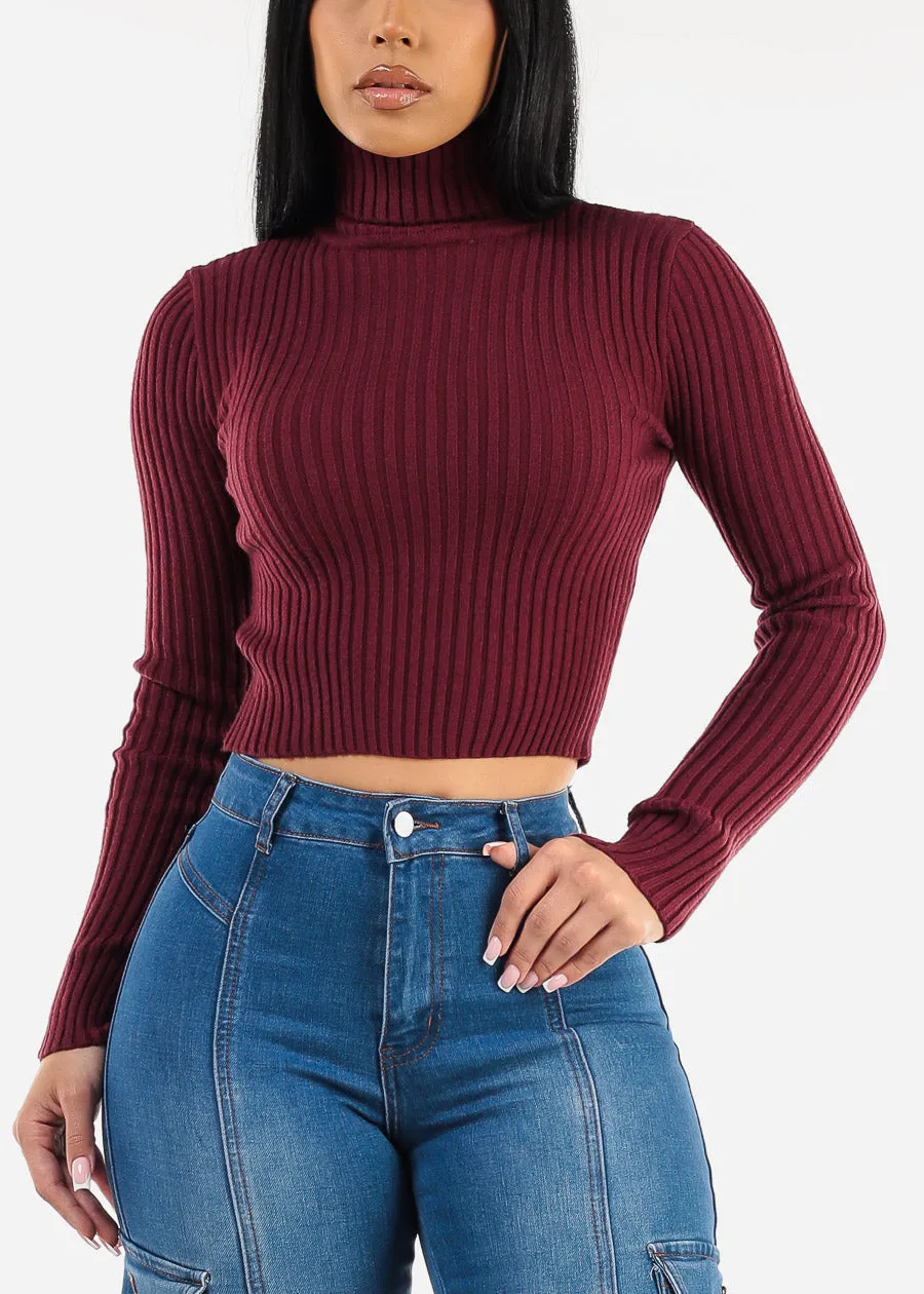 Long Sleeve Turtleneck Cropped Sweater Burgundy sold by Moda