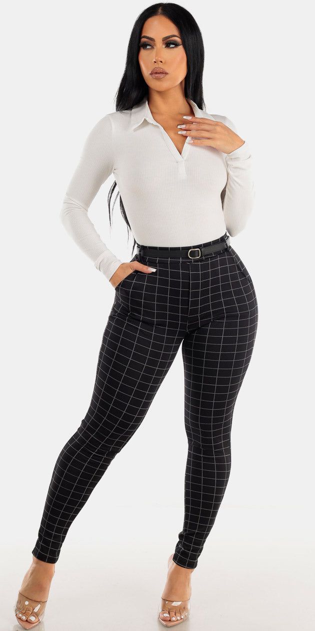 Belted Butt Lifting Black Plaid Skinny Pants with Long Sleeve White Collared Bodysuit sold by Moda