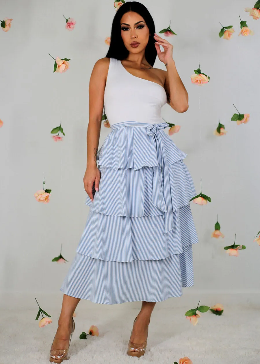 One Shoulder Stripe Ruffed Maxi Dress sold by Moda