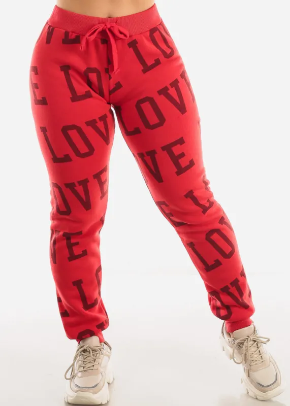 Fleece Drawstring Waist Jogger Sweatpants Red "Love" sold by Moda