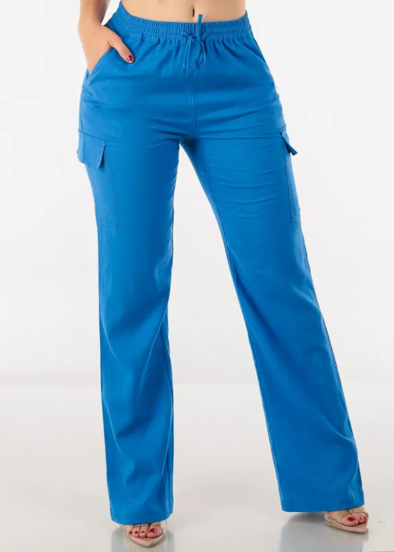 High Waist Straight Leg Linen Cargo Pants Royal Blue sold by Moda