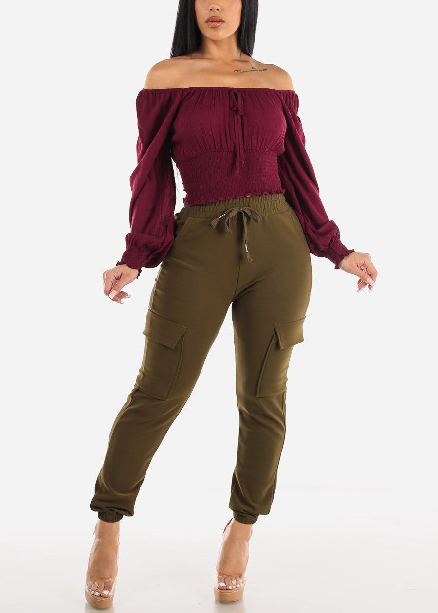 Off Shoulder Peasant Crop Top Burgundy sold by Moda product image thumbnail 2